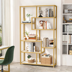 close-up of powder-coated gold metal frame and wood shelf finish
