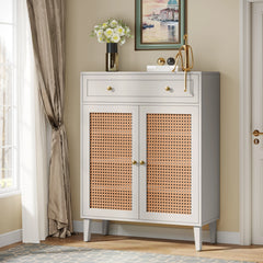 “Close-up of rattan panel on gray shoe cabinet for breathable design”

