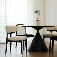close-up of turntable center on white rock slab dining table