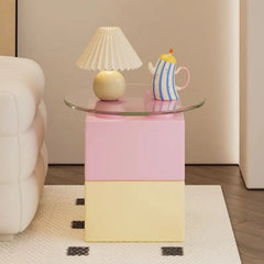 close-up of sculptural block-style table surface in dopamine decor

