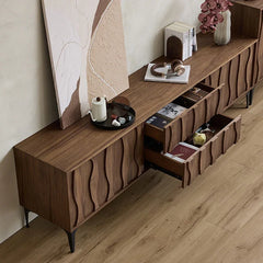 “Close-up of wood grain texture and storage cabinet in TV unit”
