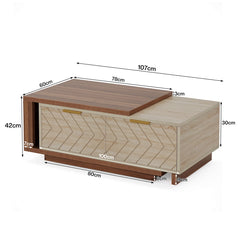 close-up of wood storage drawers on modern coffee table
