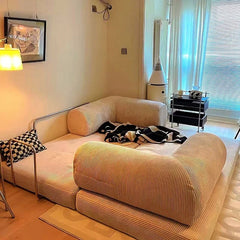 close-up of soft washable corduroy fabric on foldable sofa
