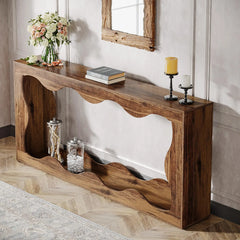 close-up of rustic woodgrain tabletop and lower shelf design
