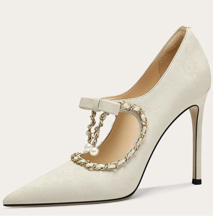 Women’s pearl chain high heel pumps for evening wear