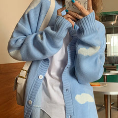 Long sleeve open-stitch cardigan in sky blue with clouds
