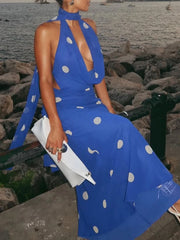 Coastal halter dress in blue and white perfect for garden occasions