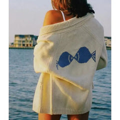 Coastal motif loose knit acrylic sweater for cozy casual outfits