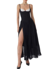 “Front view of colorblock mesh dress with square neckline and ankle length”

