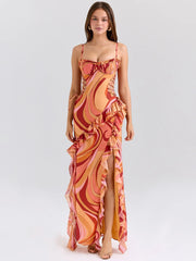 Colorful print ruffle maxi dress for summer parties and vacations