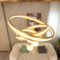 Contemporary black ceiling light with sculptural rings and pendant globes