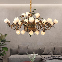 Contemporary branch ceiling light with flower shades in a living room