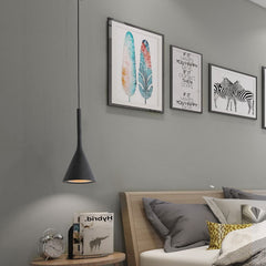 Contemporary iron-finished LED cord pendant light with knob switch control, Hanging Lampshade in a bedroom.