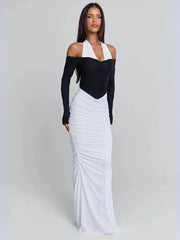 Contrast panel detailing on a slim-fit maxi dress with a floor-length finish