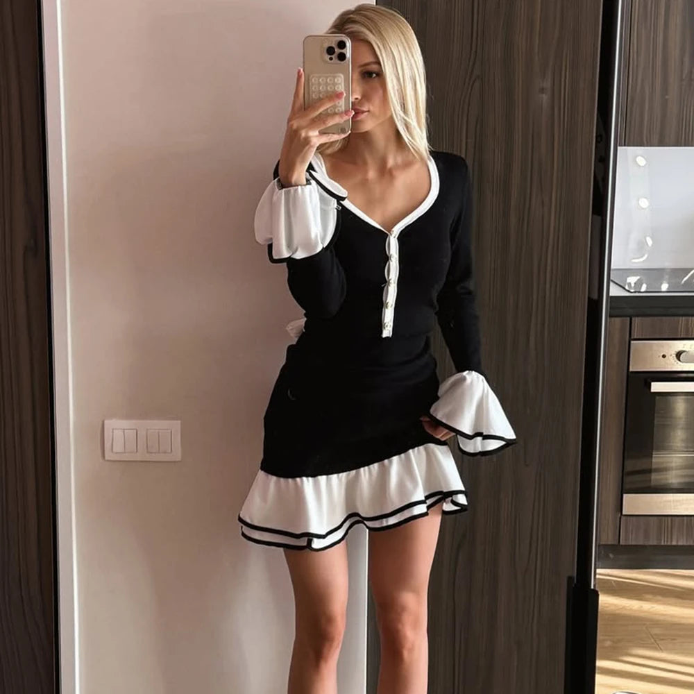 Contrast trim knit outfit for women shown as modern monochrome daywear