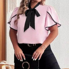 Contrast trim pink lace blouse for women styled for brunch or work