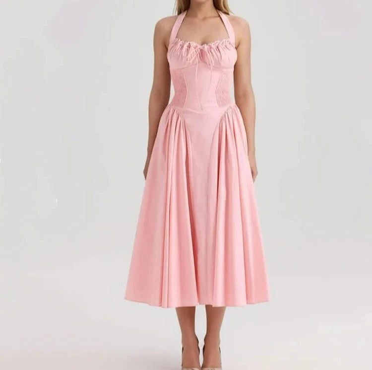 Pink corset-style bow halter lace midi dress