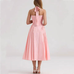 Corset bodice pink halter dress for evening wear- back view