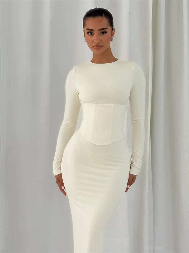 Close-up focusing on the corset-style waist panel and clean seam detailing through the midsection.