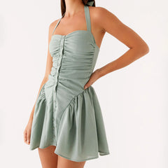 A full-length shot of the summer party dress, highlighting its elegant A-line silhouette.