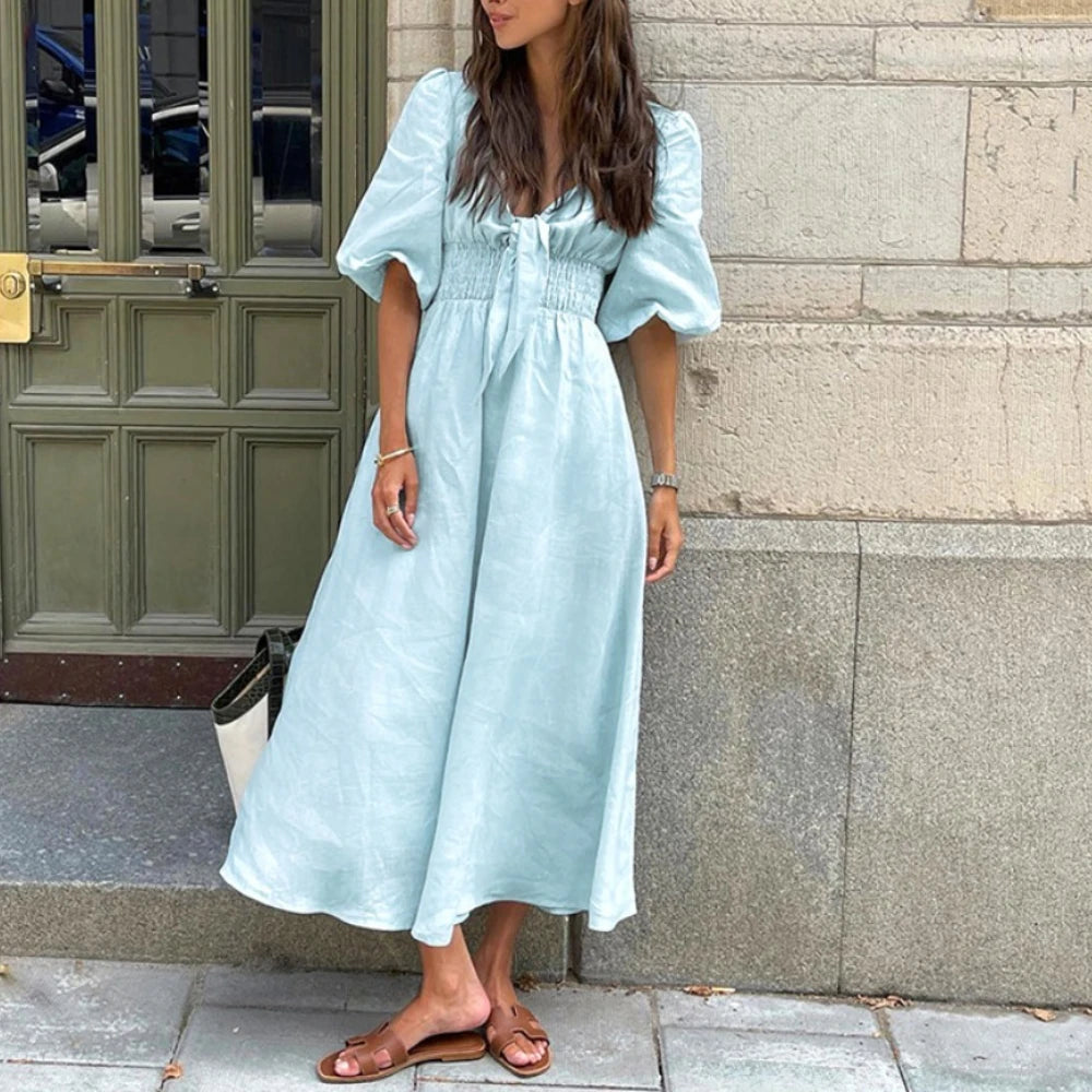 Cotton A-line blue midi dress styled for relaxed brunch and vacation outfits