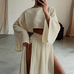 Women’s cotton linen co-ord set with high-slit skirt
