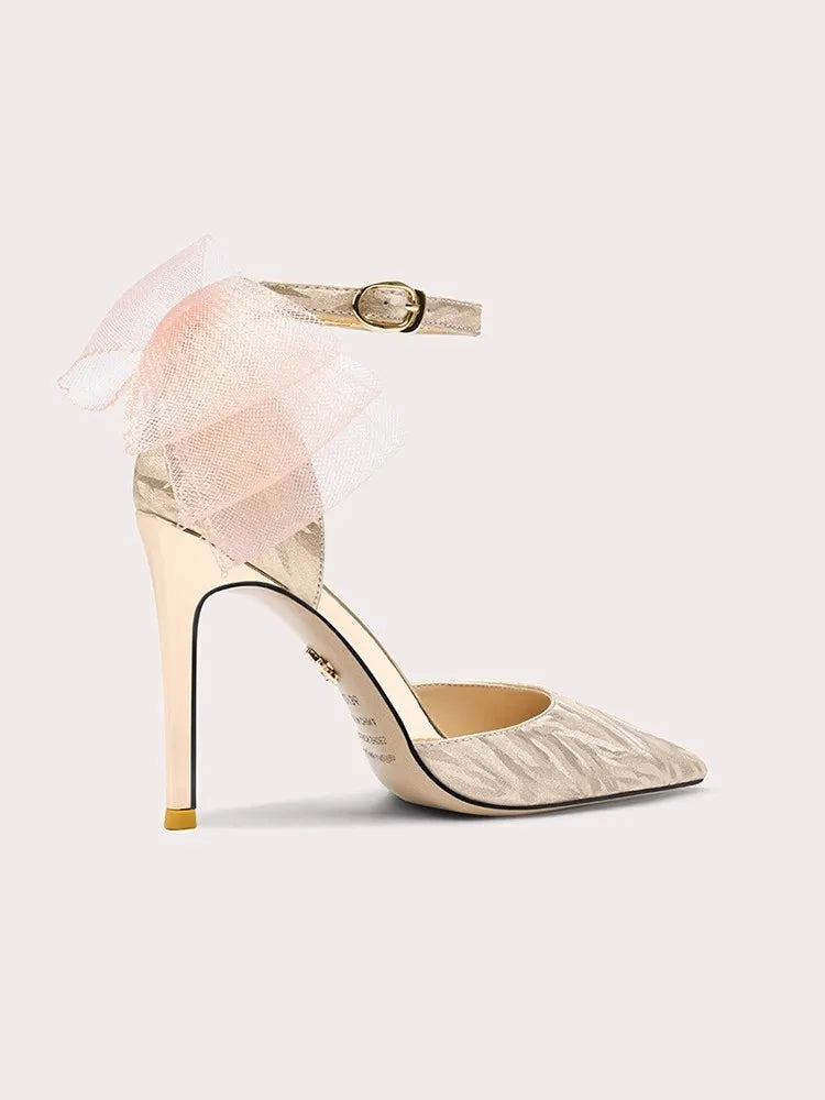 Cotton party stiletto sandals in blush pink with tulle bows