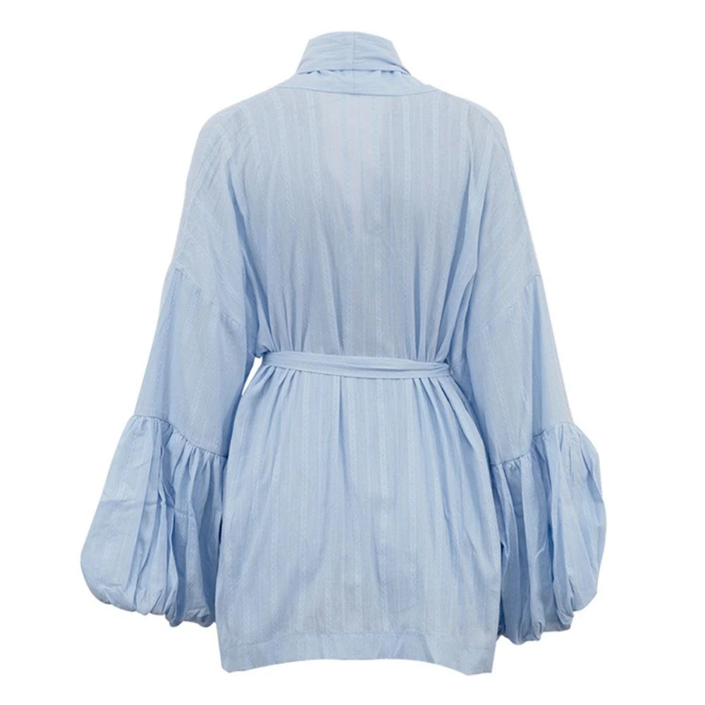 Puff sleeve summer co-ord in blue and white stripes