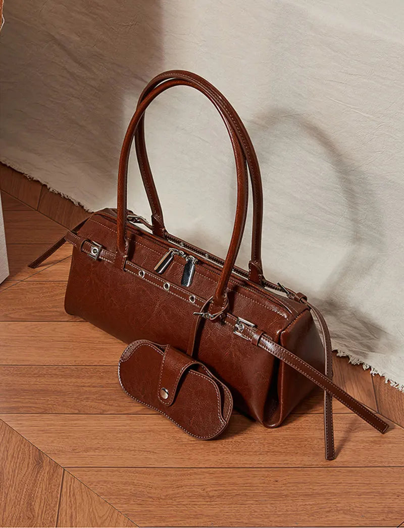 Rectangular cowhide handbag with organised interior