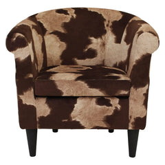 Cowhide print barrel accent chair with rolled arms for rustic living rooms