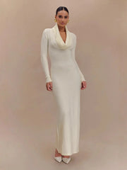 draped cowl neck knit maxi dress styled for elegant evening look
