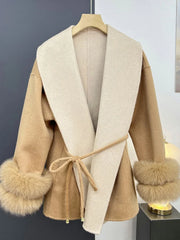 Cozy camel winter coat with plush fur trim for sophisticated evenings