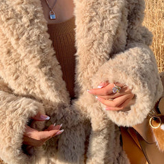 Cozy winter faux fur jacket with turn-down collar