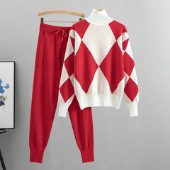 Winter knit co-ord set with argyle pattern and harem pants