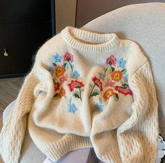 Cream cashmere sweater with colorful floral embroidery