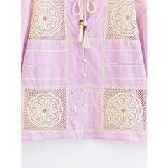 Textured cottagecore shirt with lace panels and tie neckline
