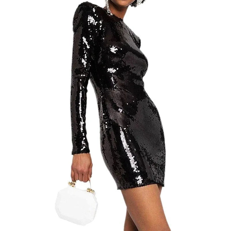 Tea-length party dress with all-over sequin finish and sleek silhouette