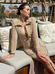 Woman wearing crochet long sleeve beach cover-up