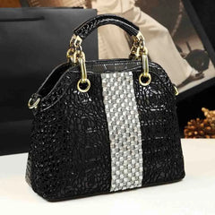 Black crocodile print shoulder bag with diamond accent panel