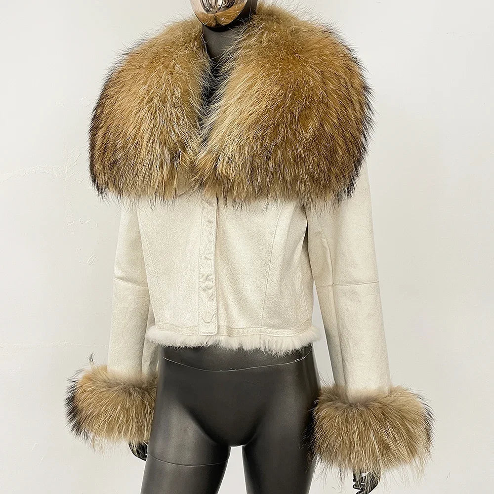 Cropped suede jacket shown on a mannequin, highlighting the plush fur collar and clean structured front