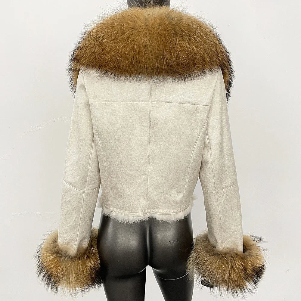 Short suede jacket displayed straight on, emphasizing its slim silhouette and waist-length cut