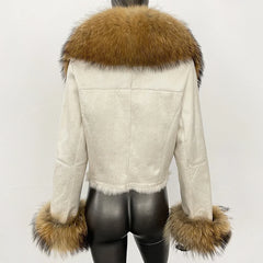 Short suede jacket displayed straight on, emphasizing its slim silhouette and waist-length cut