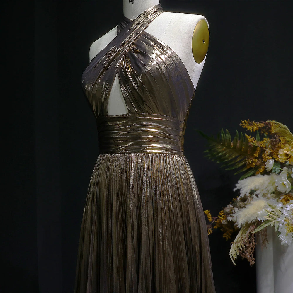 Cross-front halter formal gown with smooth satin sheen and pleats