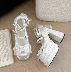 Glossy white party shoes with chunky high heel platform