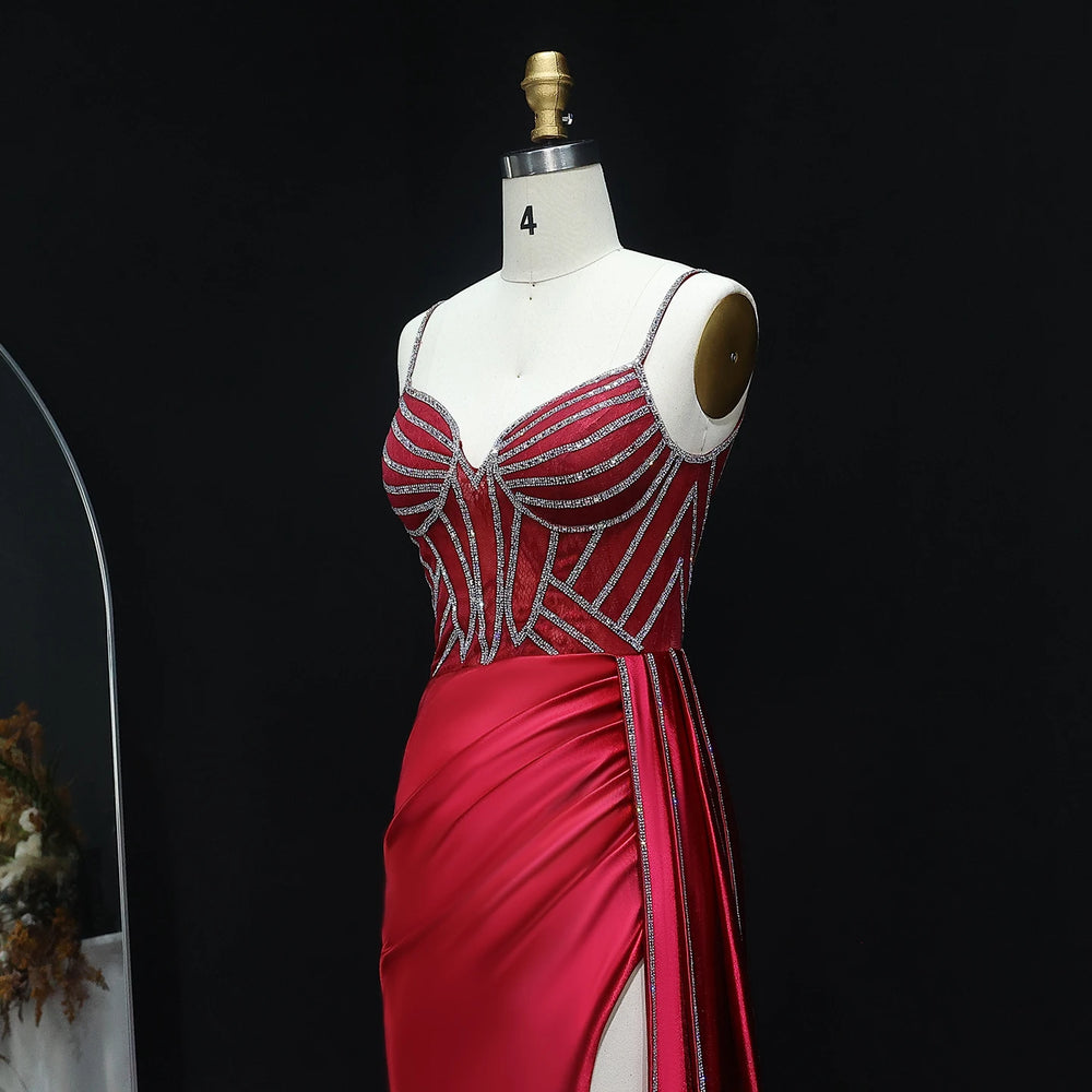 Close-up of crystal detailing on sweetheart bodice of satin gown