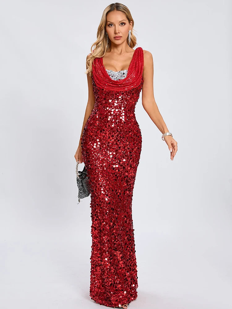 Crystal cowl party dress in floor length red featured for celebration occasions