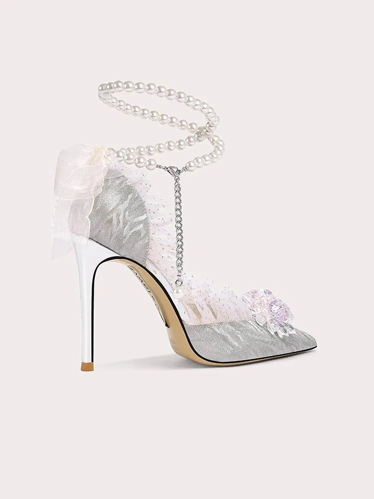 Crystal embellished bridal heels in silver with 3D floral appliqué