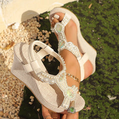 Women’s gladiator-inspired pearl beaded platform wedges