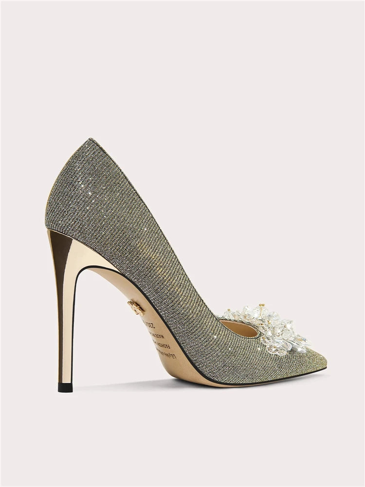 Pair of pointed-toe embellished heels with sequined upper and slim high heel