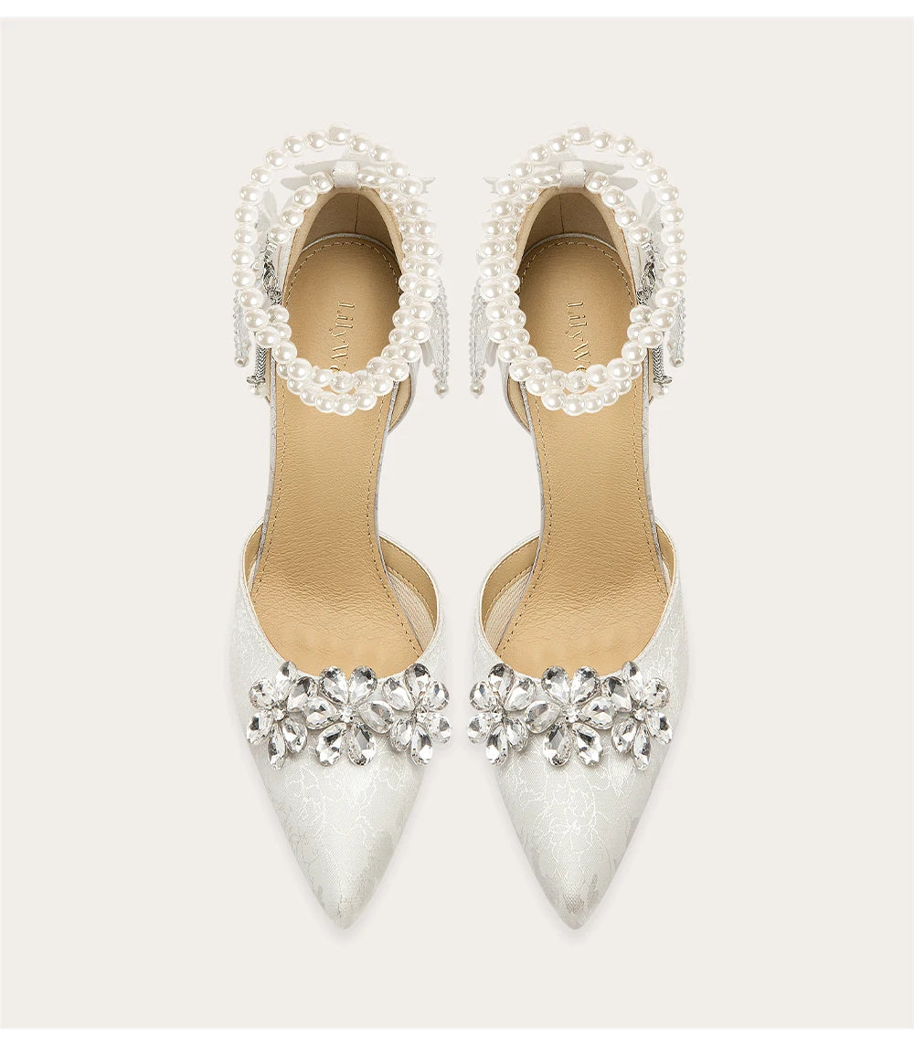 Crystal flower stiletto wedding sandals in white with pearl anklet